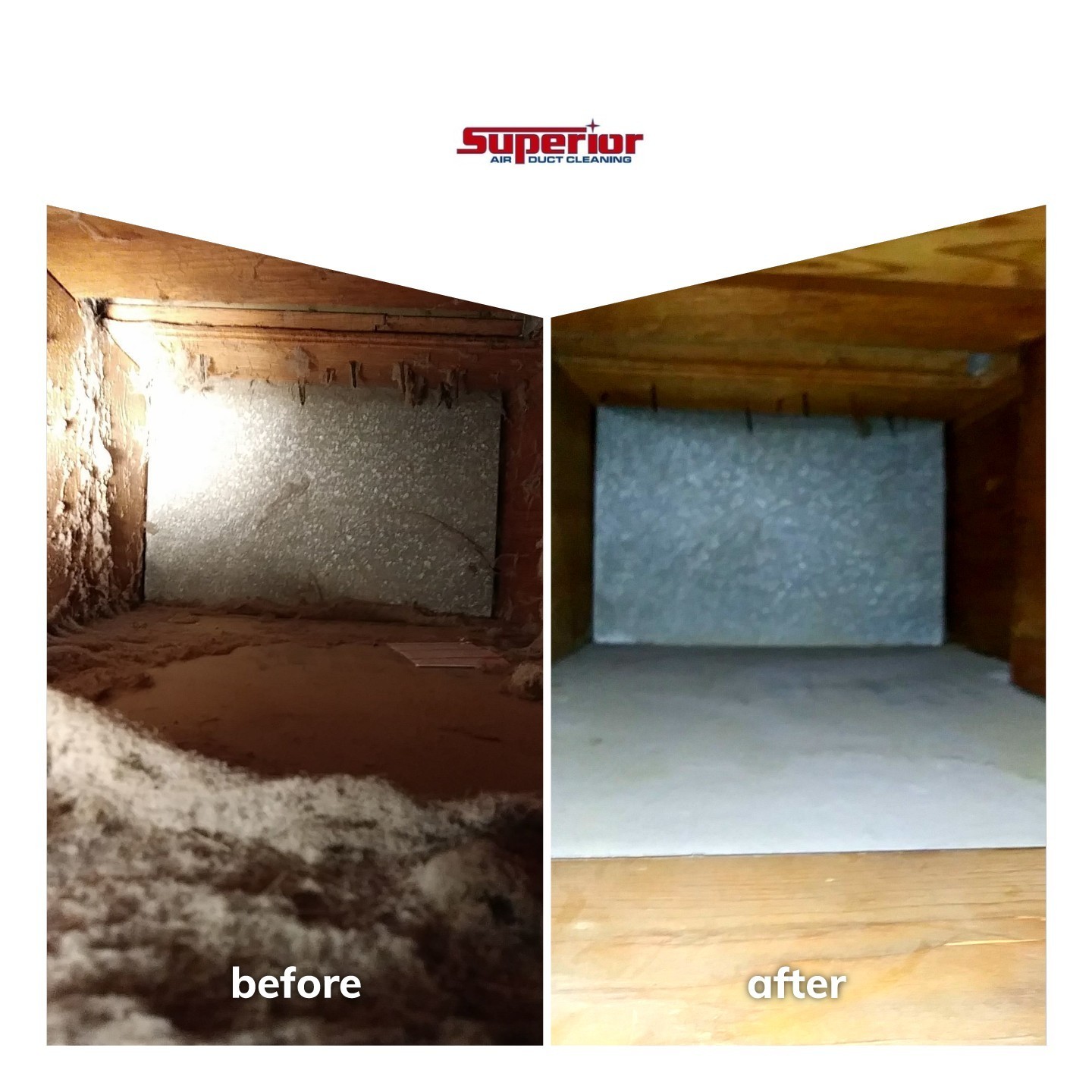 side by side air duct photos of a debris and dust filled airduct next to a clean one